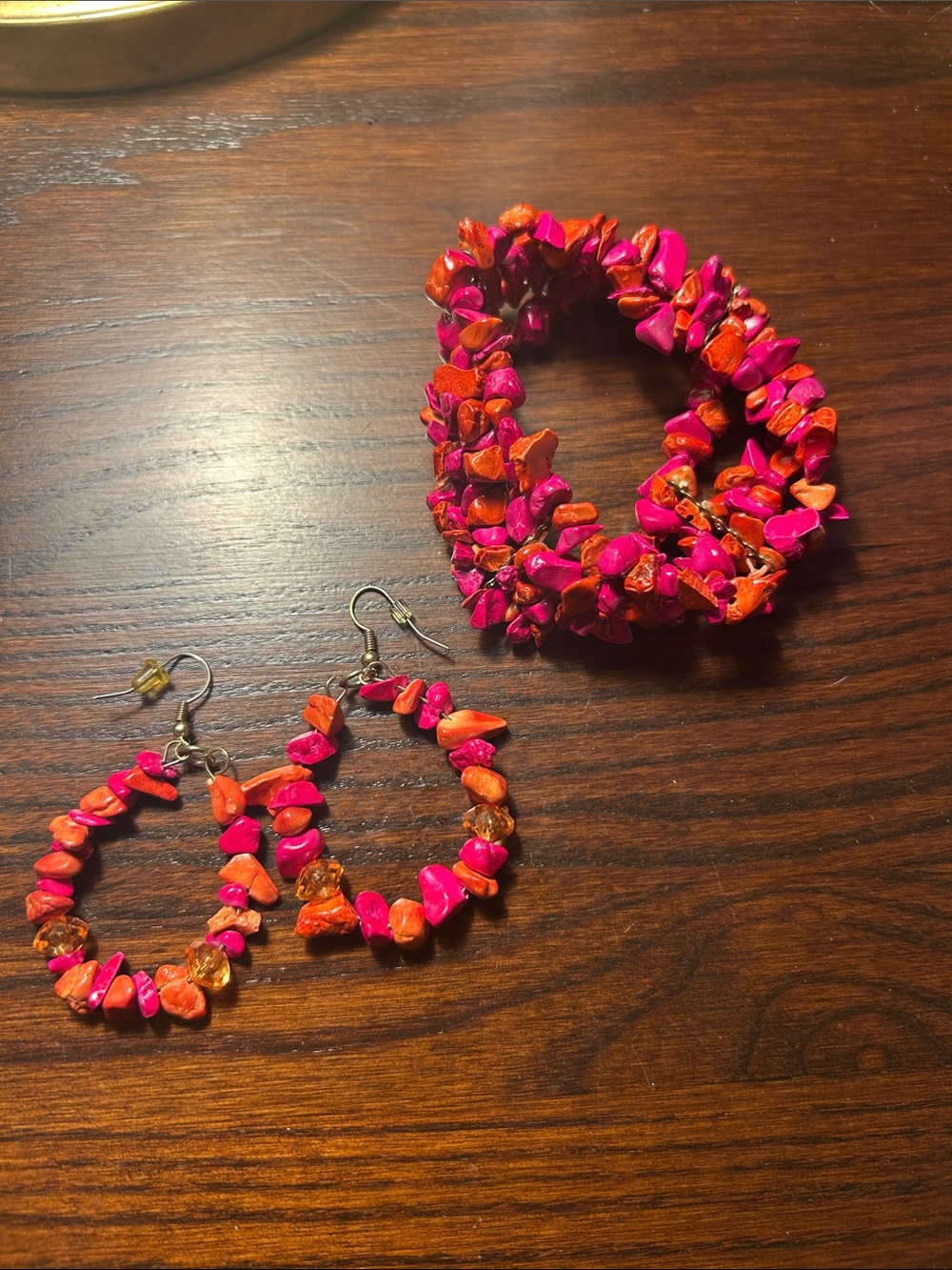 Vibrant Pink & Orange Chip Bracelet and Hoop Earrings Set